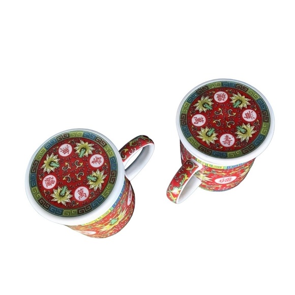 Eastern Asian Jingdezhen Red Longevity Lotus Porcelain Tea Infuser Lidded Cups - Picture 6 of 12